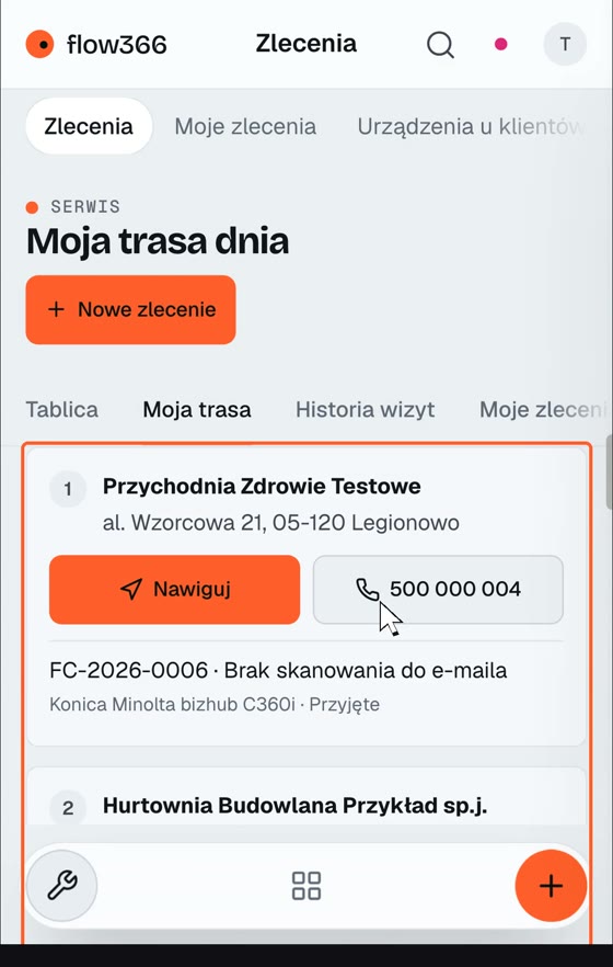 Trasa dnia serwisanta na telefonie