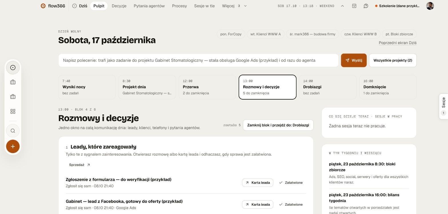 Ekran Dziś w flow366: dzień podzielony na bloki godzinowe, blok 13:00 Rozmowy i decyzje z leadami