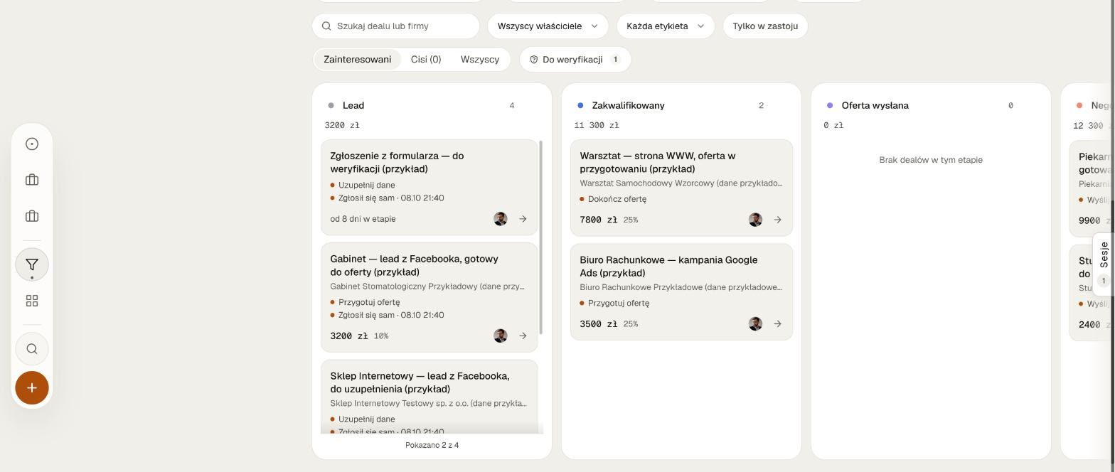 Lejek sprzedaży w flow366 z kolumnami Lead, Zakwalifikowany, Oferta wysłana i kartami deali
